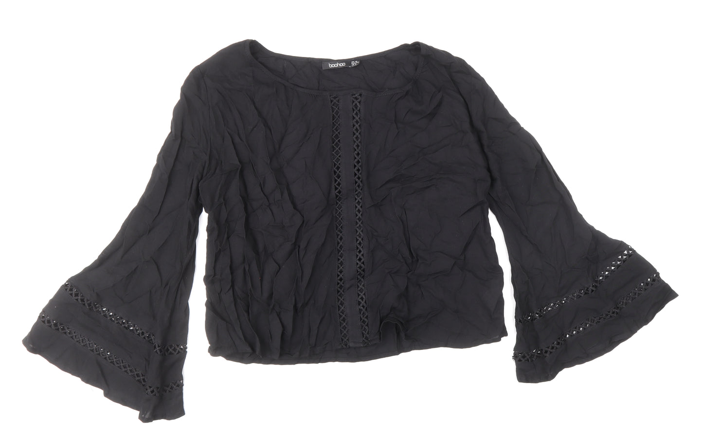 Boohoo Womens Black Viscose Basic Blouse Size 10 Boat Neck - Flute Sleeve
