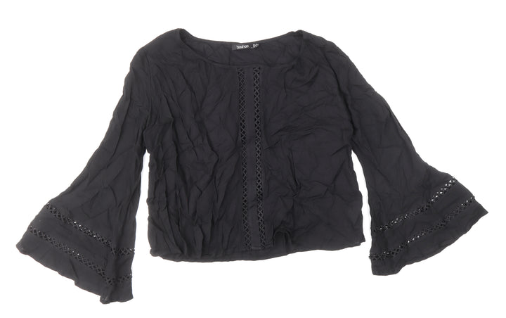 Boohoo Womens Black Viscose Basic Blouse Size 10 Boat Neck - Flute Sleeve