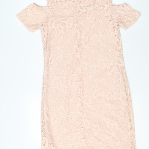 Peacocks Womens Pink Nylon Pencil Dress Size 10 Boat Neck Pullover - Cold Shoulder