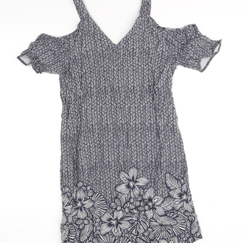 Papaya Womens Blue Floral Viscose A-Line Size 10 V-Neck Pullover