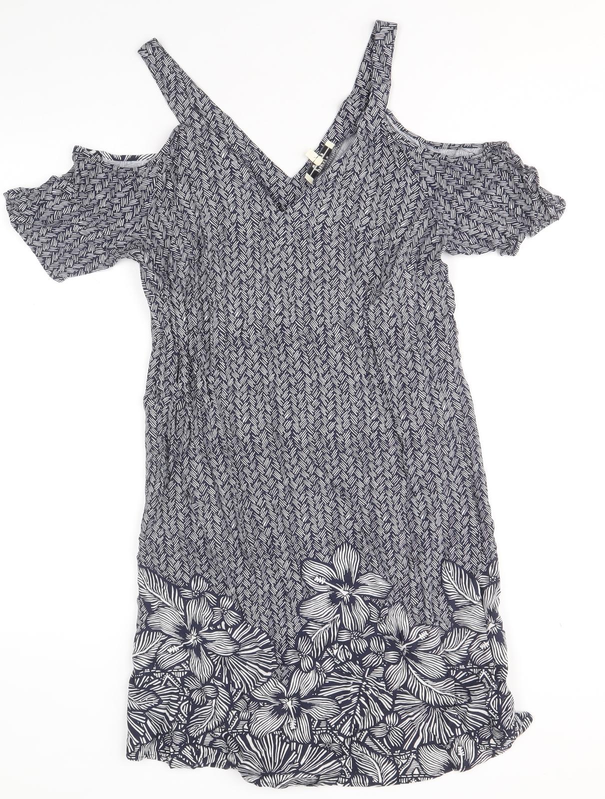 Papaya Womens Blue Floral Viscose A-Line Size 10 V-Neck Pullover
