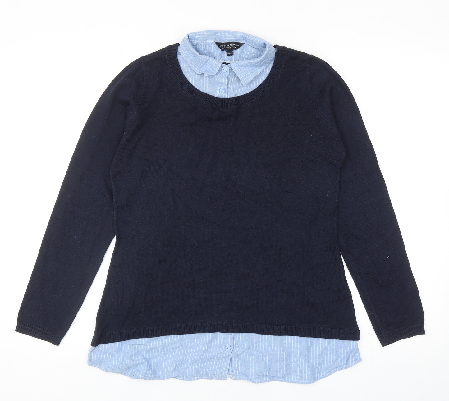 Dorothy Pekrins Womens Blue Round Neck Cotton Pullover Jumper Size 10 - Built in Shirt