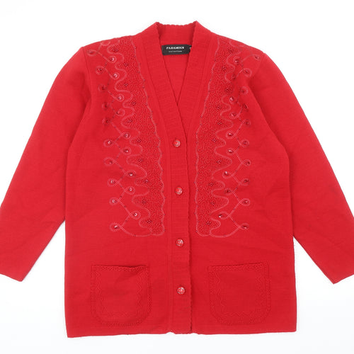 Paramour Womens Red V-Neck Acrylic Cardigan Jumper Size S