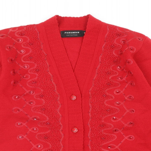 Paramour Womens Red V-Neck Acrylic Cardigan Jumper Size S
