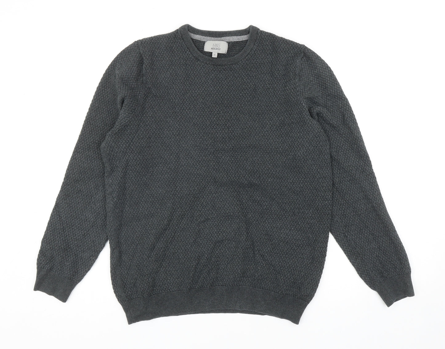 Marks and Spencer Mens Grey Round Neck Cotton Pullover Jumper Size M