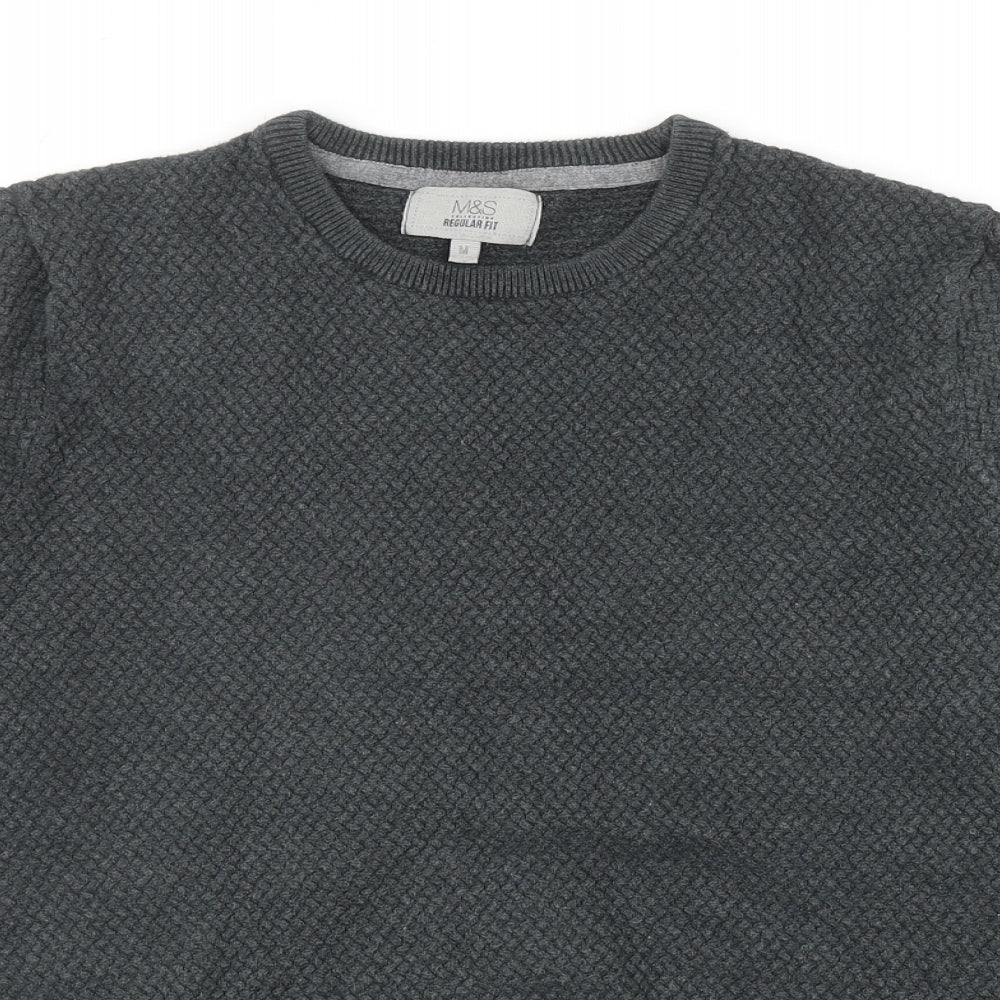 Marks and Spencer Mens Grey Round Neck Cotton Pullover Jumper Size M