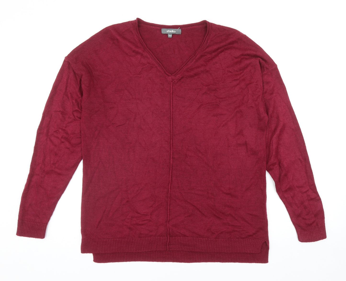 Studio Womens Red V-Neck Acrylic Pullover Jumper Size 12
