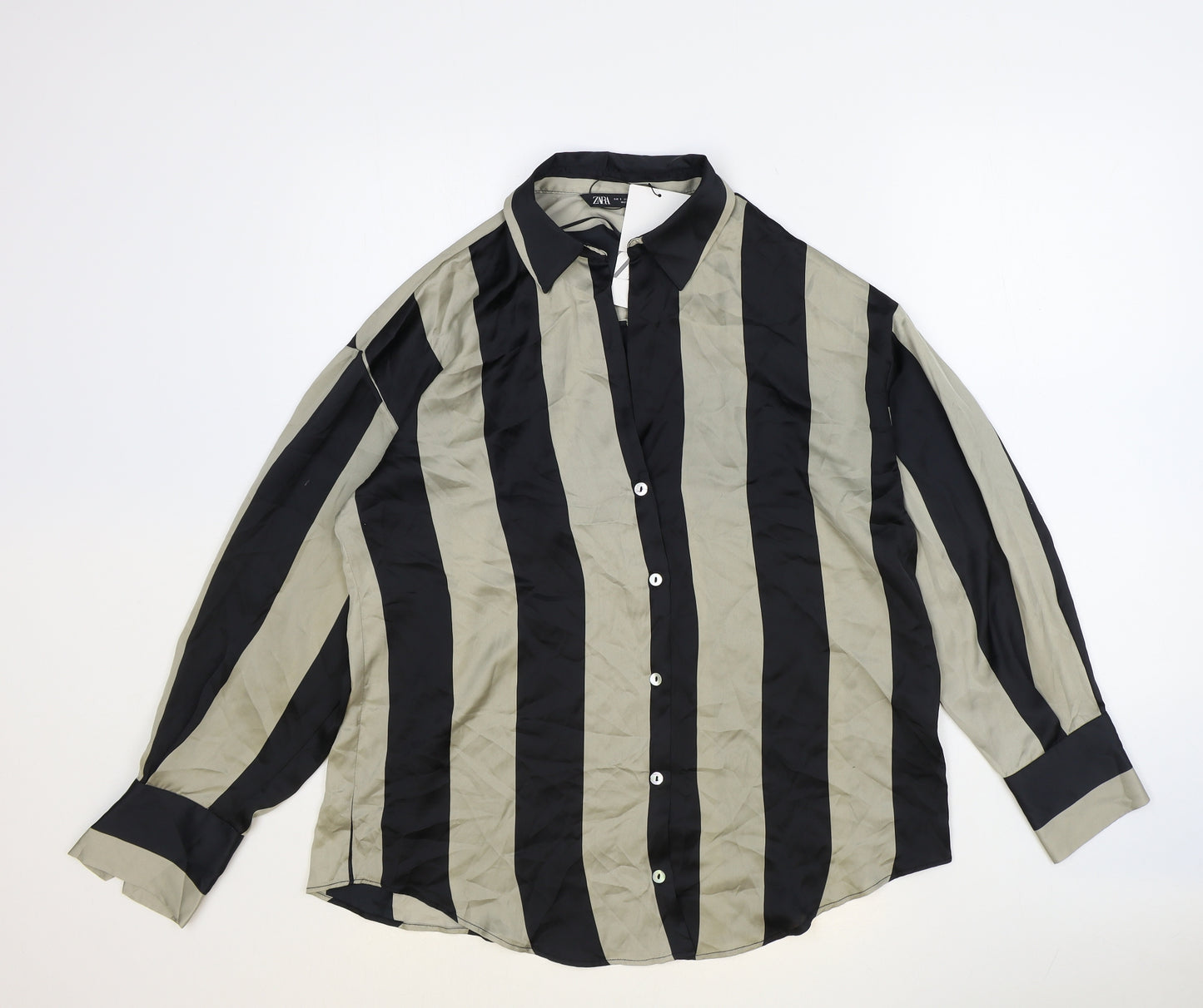 Zara Womens Black Striped Polyester Basic Blouse Size S Collared
