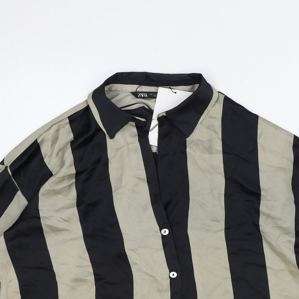 Zara Womens Black Striped Polyester Basic Blouse Size S Collared