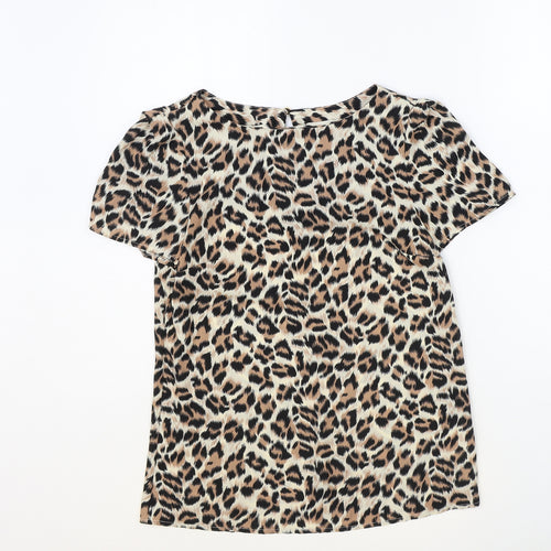 Oasis Womens Brown Animal Print Polyester Basic T-Shirt Size 6 Round Neck - Leopard print