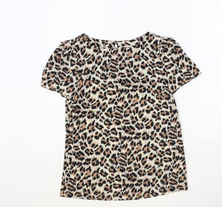 Oasis Womens Brown Animal Print Polyester Basic T-Shirt Size 6 Round Neck - Leopard print