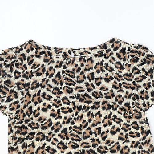 Oasis Womens Brown Animal Print Polyester Basic T-Shirt Size 6 Round Neck - Leopard print