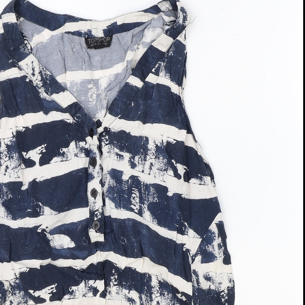 Topshop Womens Blue Geometric Polyester Basic Blouse Size 10 V-Neck
