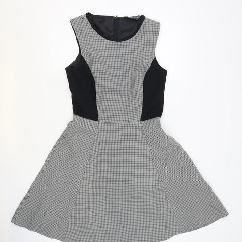 Dorothy Perkins Womens Black Houndstooth Polyester Skater Dress Size 10 Scoop Neck Zip