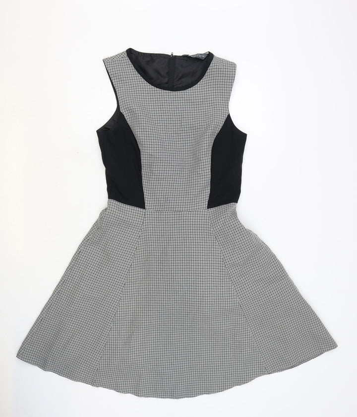 Dorothy Perkins Womens Black Houndstooth Polyester Skater Dress Size 10 Scoop Neck Zip