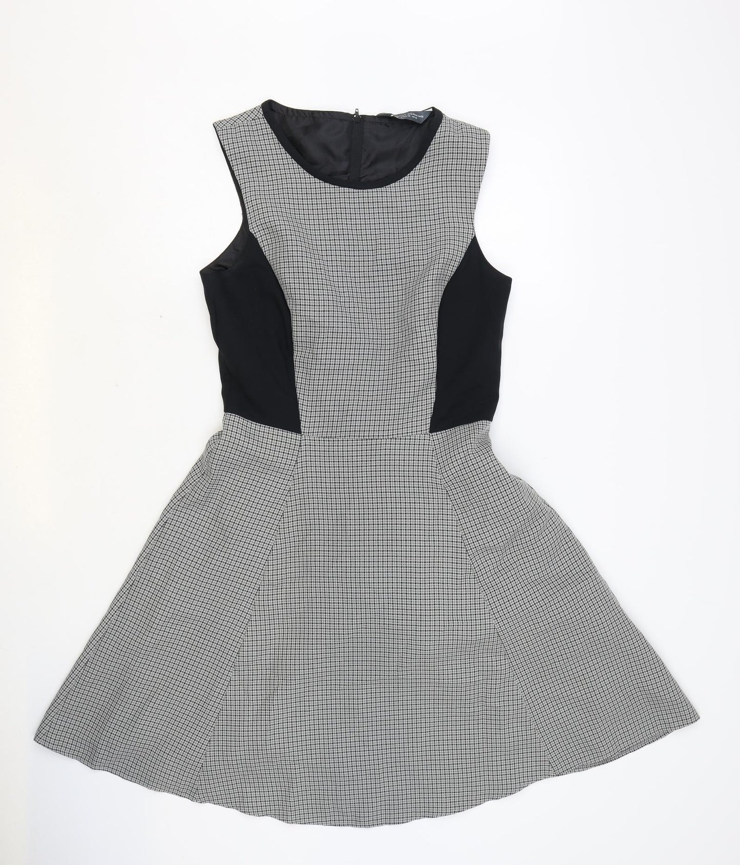 Dorothy Perkins Womens Black Houndstooth Polyester Skater Dress Size 10 Scoop Neck Zip