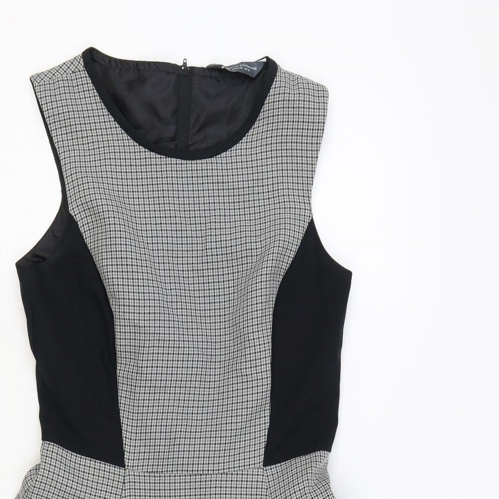 Dorothy Perkins Womens Black Houndstooth Polyester Skater Dress Size 10 Scoop Neck Zip