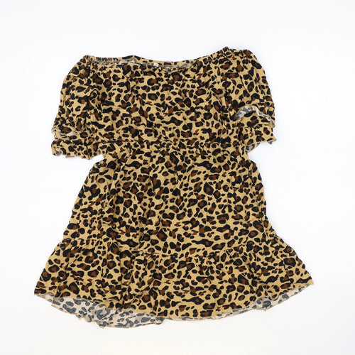 Preworn Womens Brown Animal Print Polyester Shift Size S Off the Shoulder Pullover - Leopard print