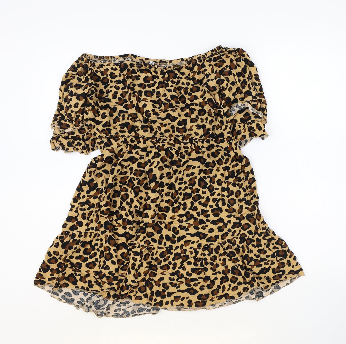 Preworn Womens Brown Animal Print Polyester Shift Size S Off the Shoulder Pullover - Leopard print