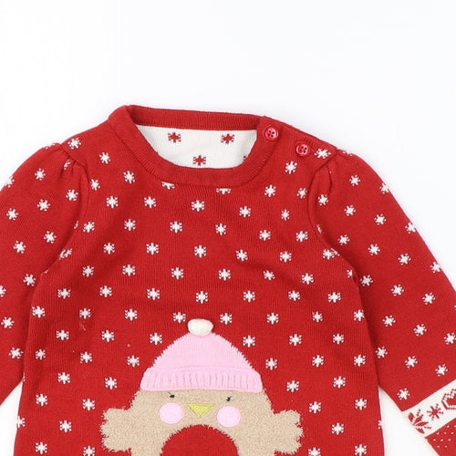 George Girls Red Fair Isle Acrylic Jumper Dress Size 9-12 Months Round Neck Button - Christmas