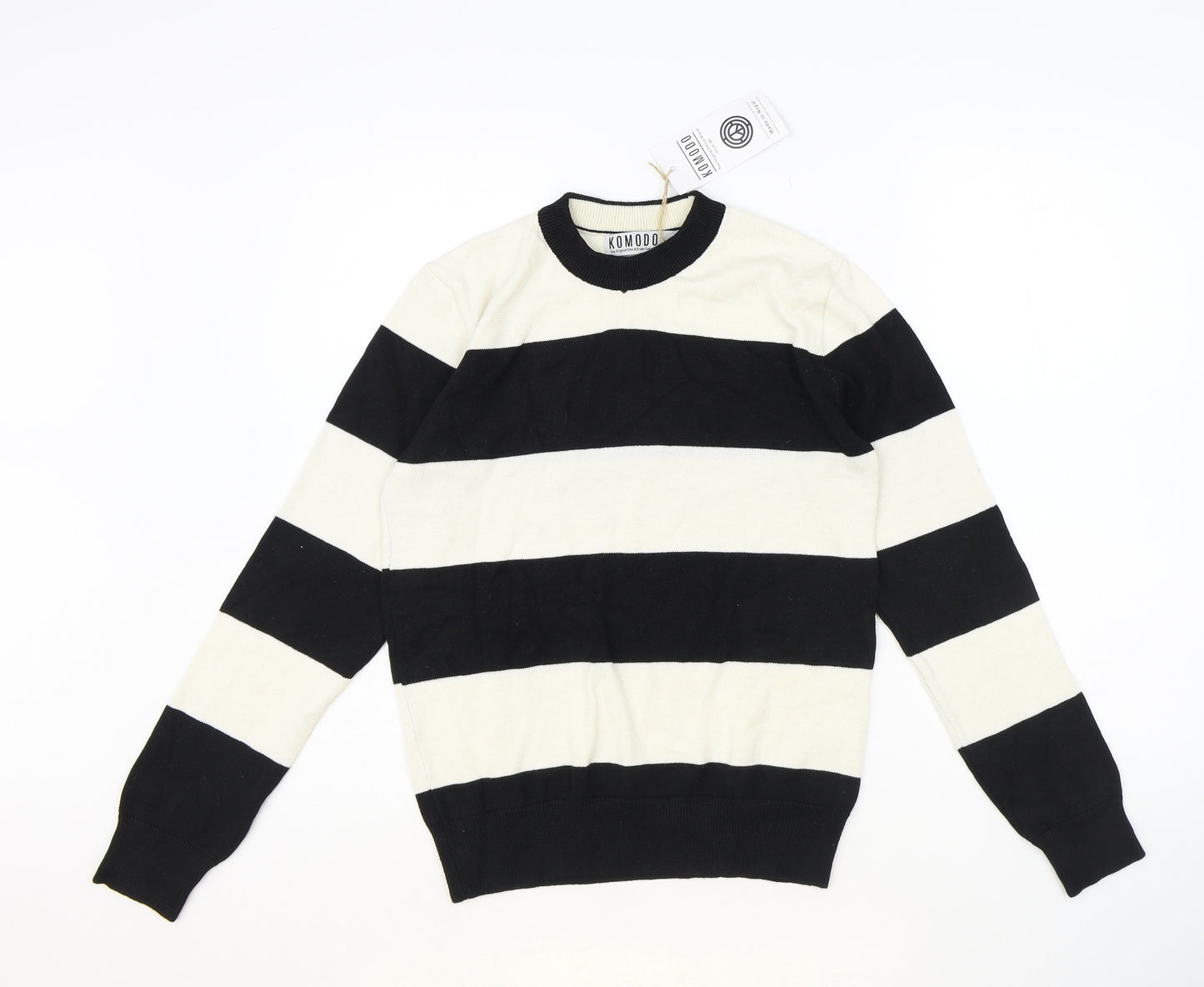 Komodo Womens Black Round Neck Striped 100% Cotton Pullover Jumper Size 10