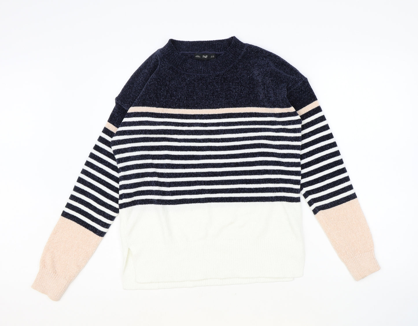 F&F Womens Blue Round Neck Striped Polyester Pullover Jumper Size 10