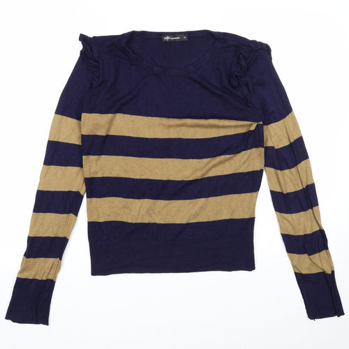 Internationale Womens Blue Round Neck Striped Cotton Pullover Jumper Size 14
