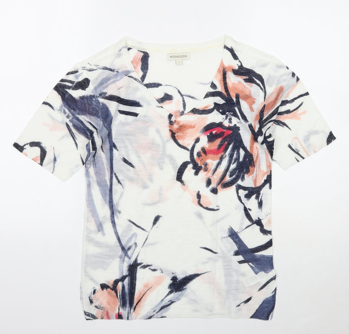 Monsoon Womens White Floral Acrylic Basic Blouse Size S V-Neck