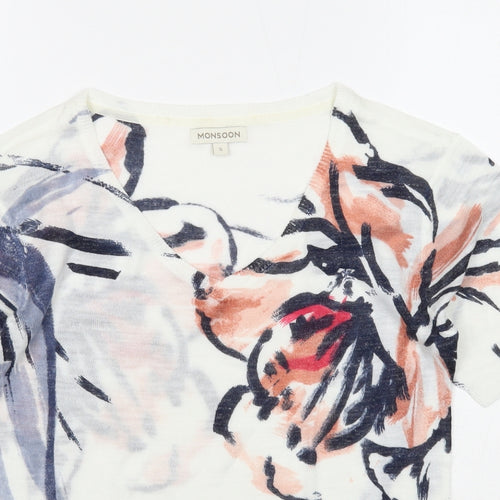 Monsoon Womens White Floral Acrylic Basic Blouse Size S V-Neck