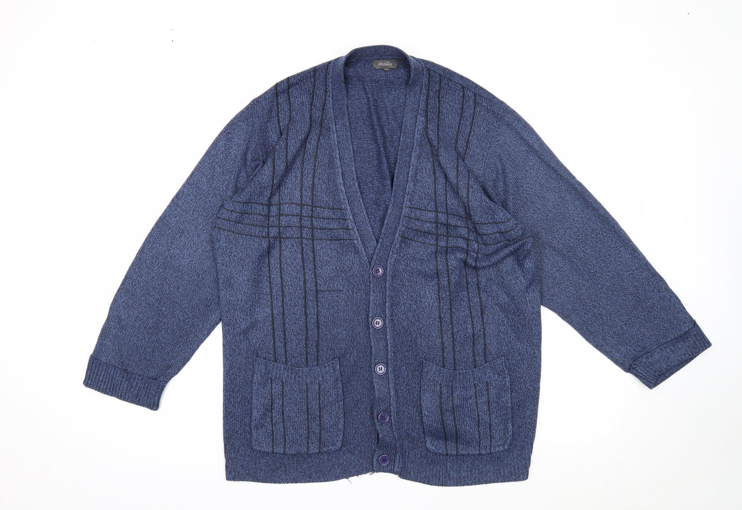 Wolsley Mens Blue V-Neck Striped Acrylic Cardigan Jumper Size M