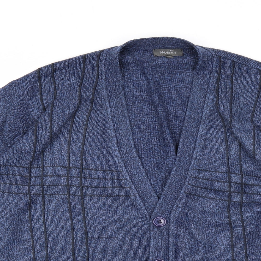 Wolsley Mens Blue V-Neck Striped Acrylic Cardigan Jumper Size M