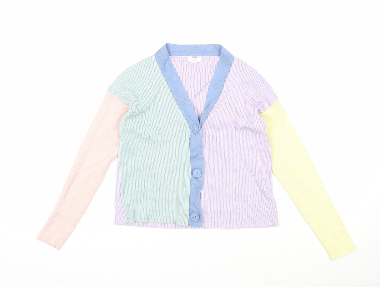 NEXT Girls Purple V-Neck Colourblock Viscose Cardigan Jumper Size 7 Years Button