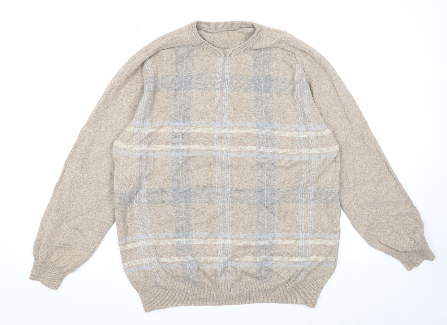 Marks and Spencer Mens Beige Round Neck Plaid Wool Pullover Jumper Size L