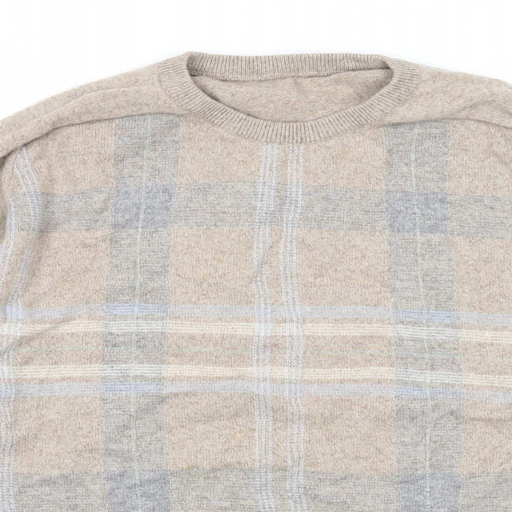 Marks and Spencer Mens Beige Round Neck Plaid Wool Pullover Jumper Size L