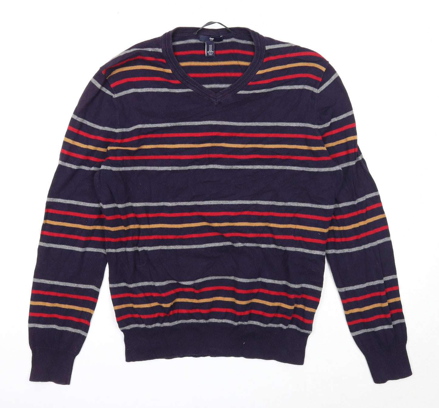Gap Mens Blue V-Neck Striped Cotton Pullover Jumper Size M