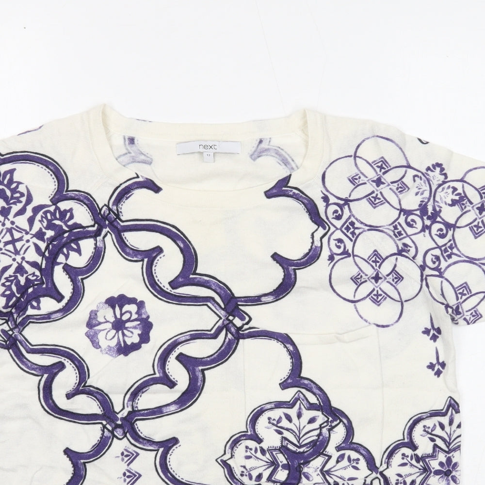 NEXT Womens White Round Neck Geometric Cotton Pullover Jumper Size 12