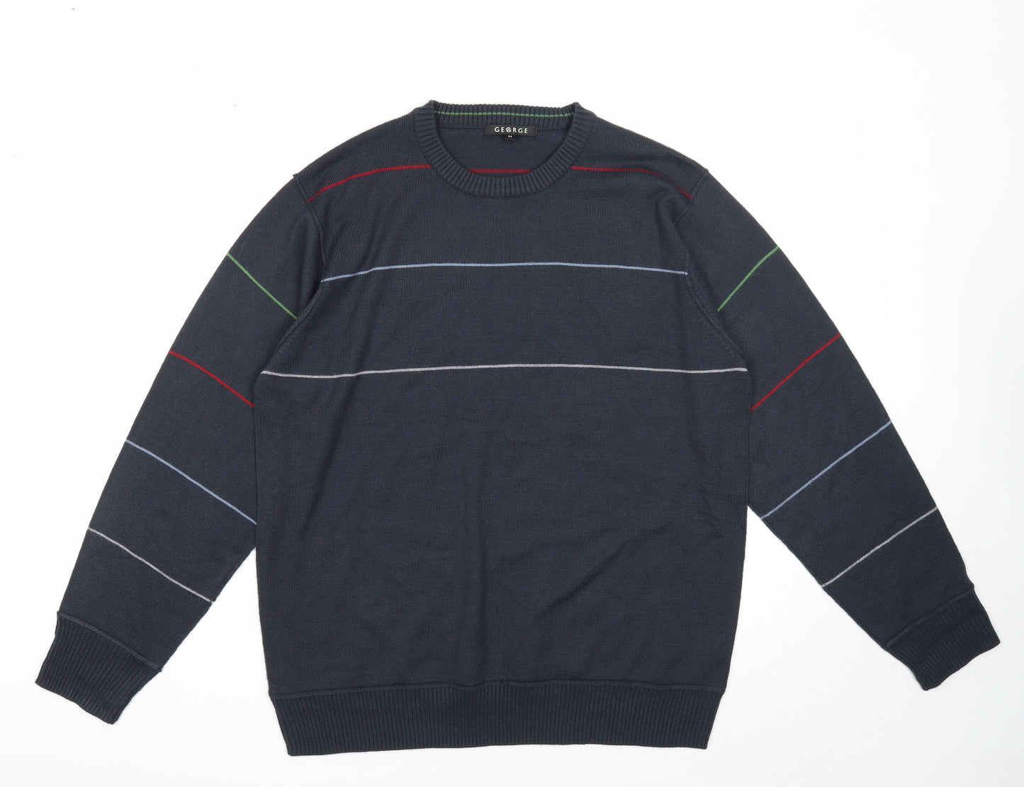 George Mens Blue Round Neck Striped Acrylic Pullover Jumper Size M