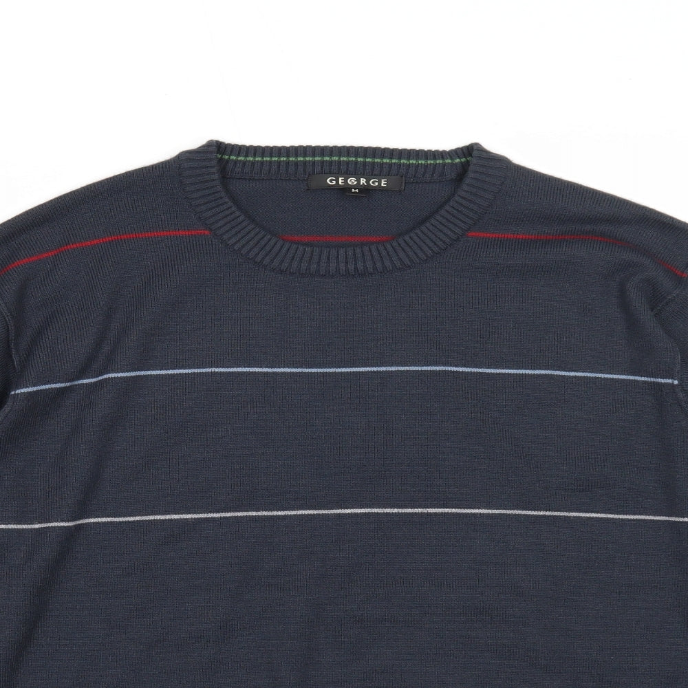 George Mens Blue Round Neck Striped Acrylic Pullover Jumper Size M