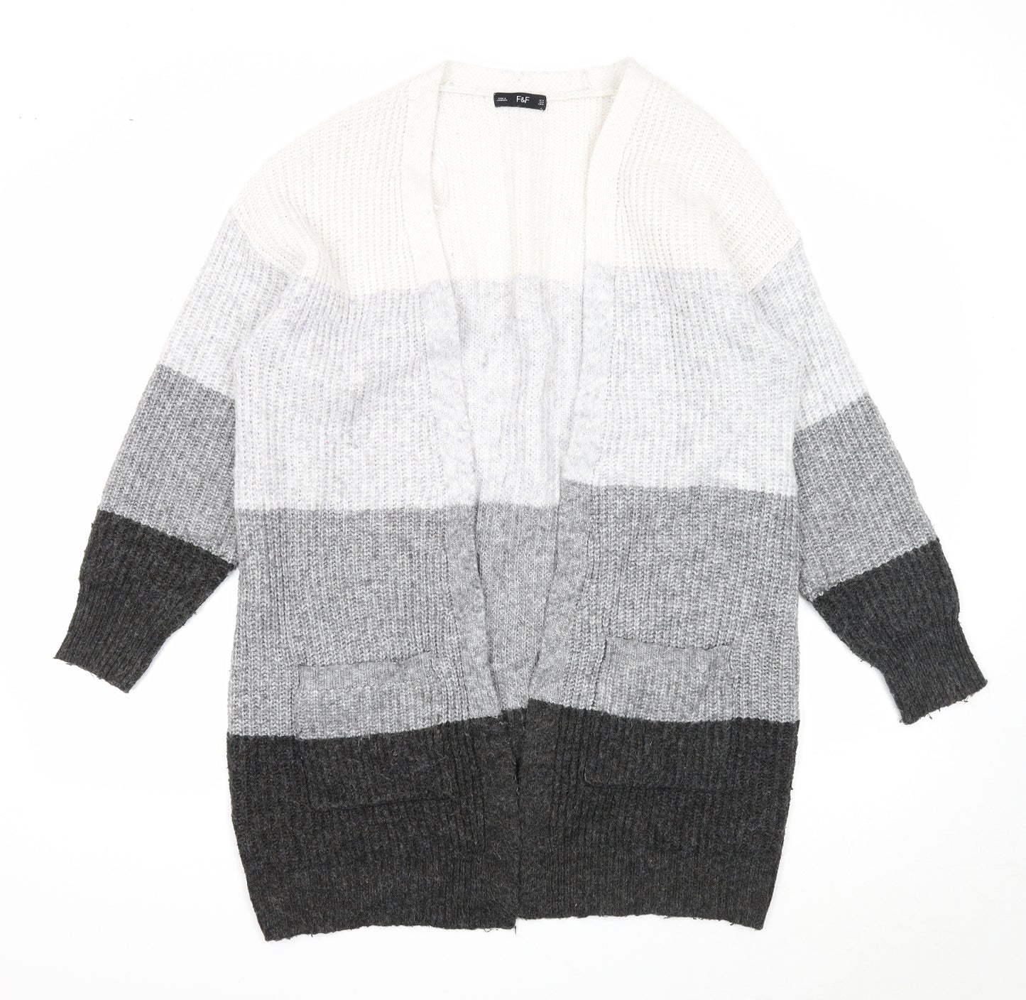 F&F Womens Grey V-Neck Striped Polyester Cardigan Jumper Size M