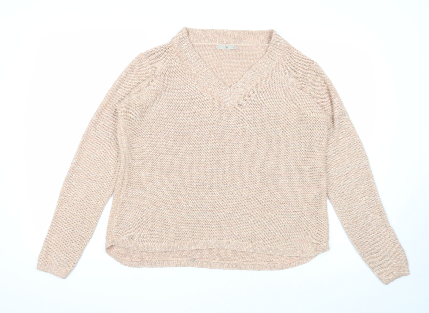 TU Womens Beige V-Neck Acrylic Pullover Jumper Size 14