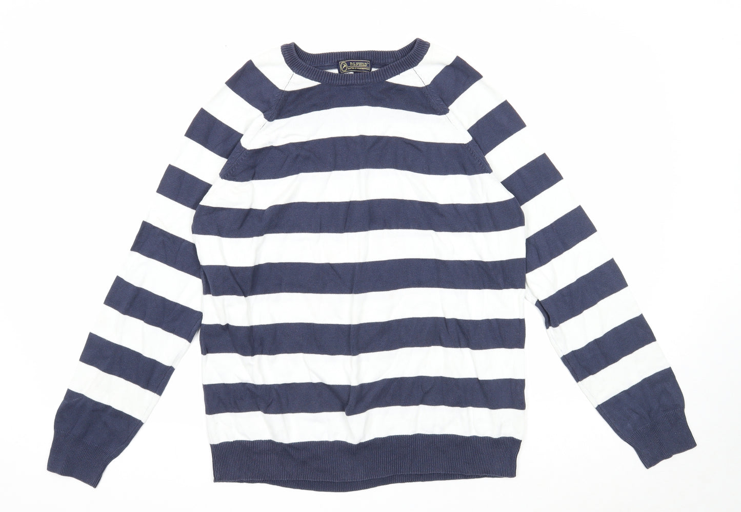 P.G Field Mens Blue Round Neck Striped Cotton Pullover Jumper Size M