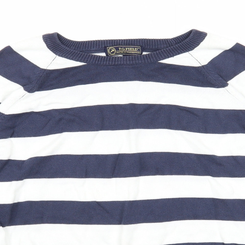 P.G Field Mens Blue Round Neck Striped Cotton Pullover Jumper Size M