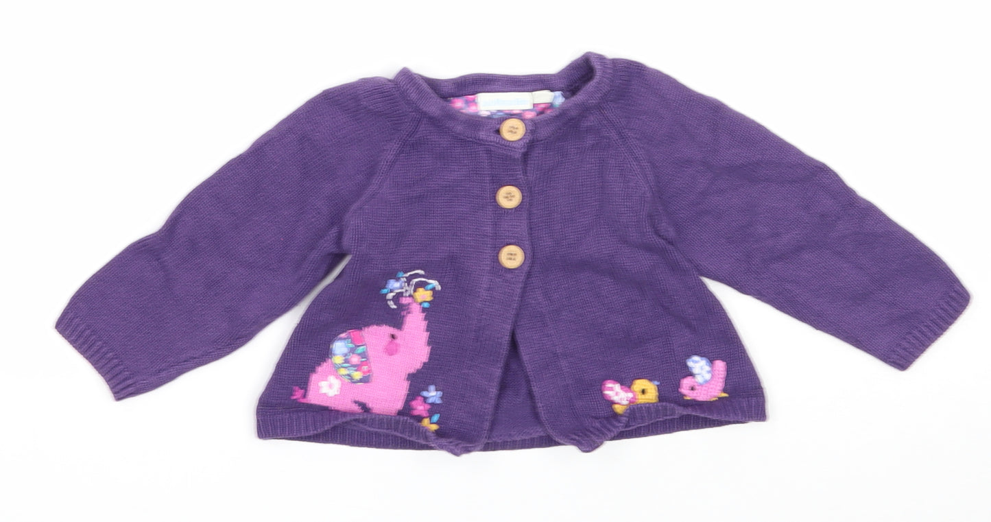 JoJo Maman Girls Purple Cotton Cardigan Jumper Size 12-18 Months Button - Animals