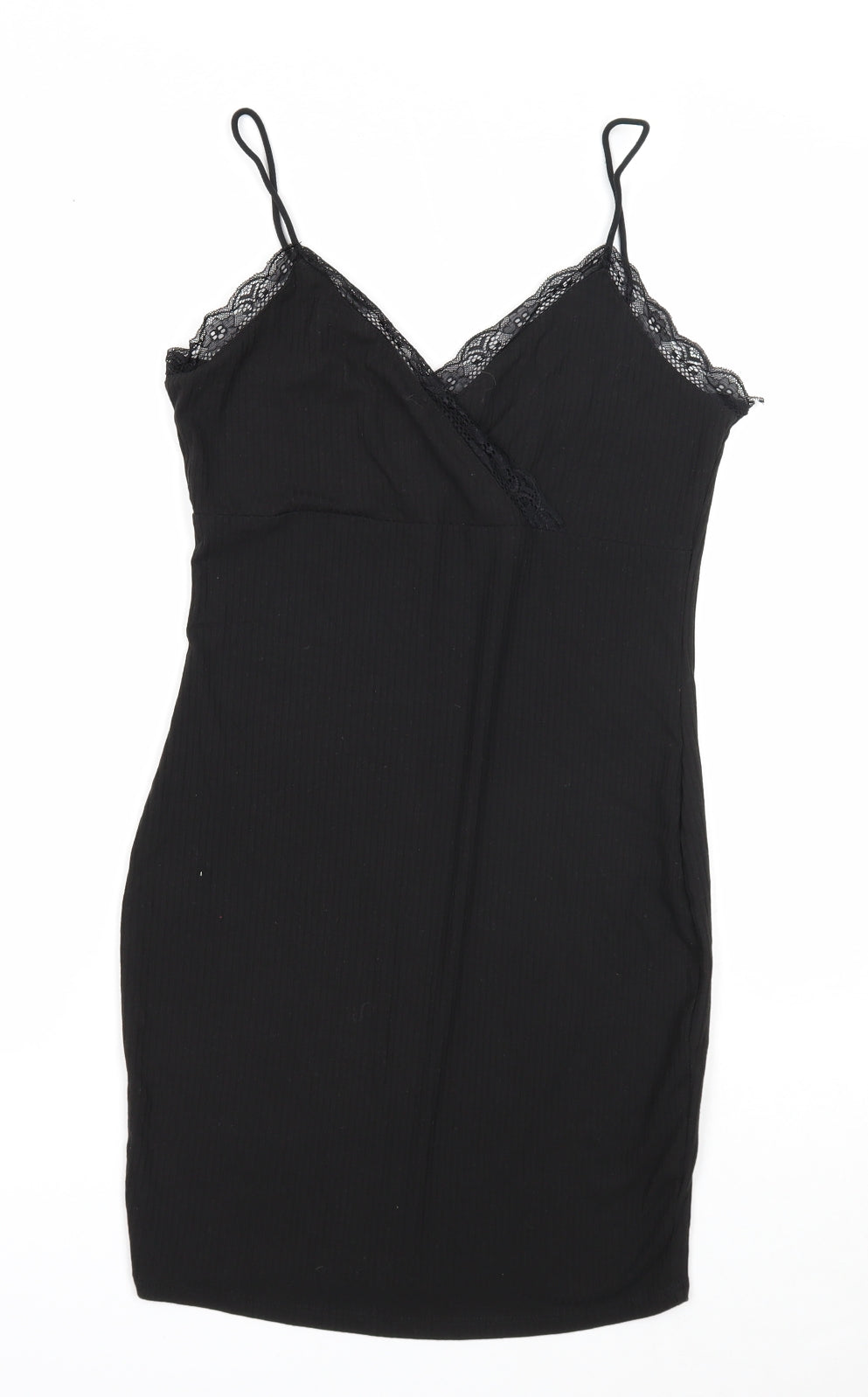 SheIn Womens Black Herringbone Polyester Slip Dress Size M V-Neck Pullover - Lace Trim