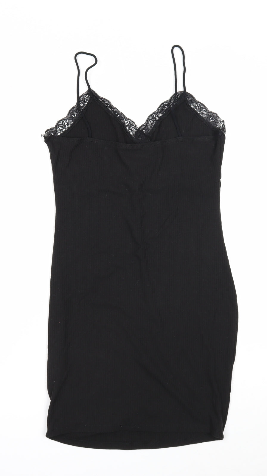 SheIn Womens Black Herringbone Polyester Slip Dress Size M V-Neck Pullover - Lace Trim
