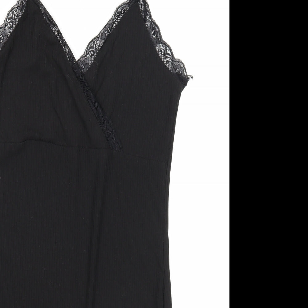 SheIn Womens Black Herringbone Polyester Slip Dress Size M V-Neck Pullover - Lace Trim