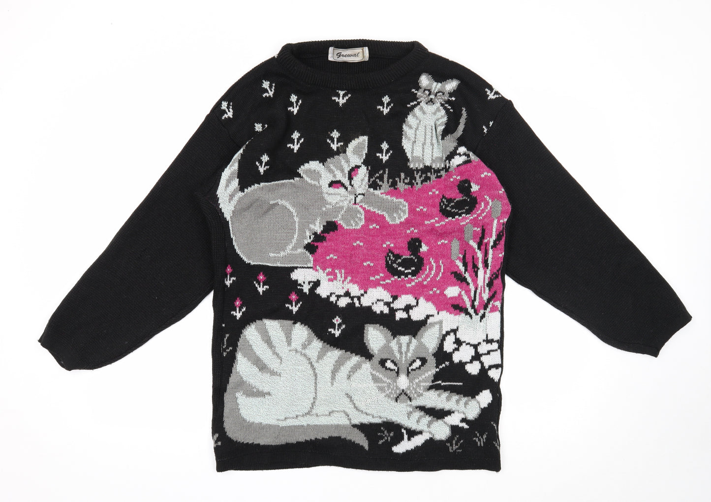 Grewal Womens Black Round Neck Acrylic Pullover Jumper Size 14 - Cats