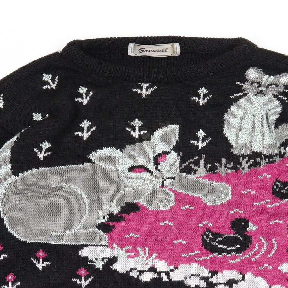 Grewal Womens Black Round Neck Acrylic Pullover Jumper Size 14 - Cats