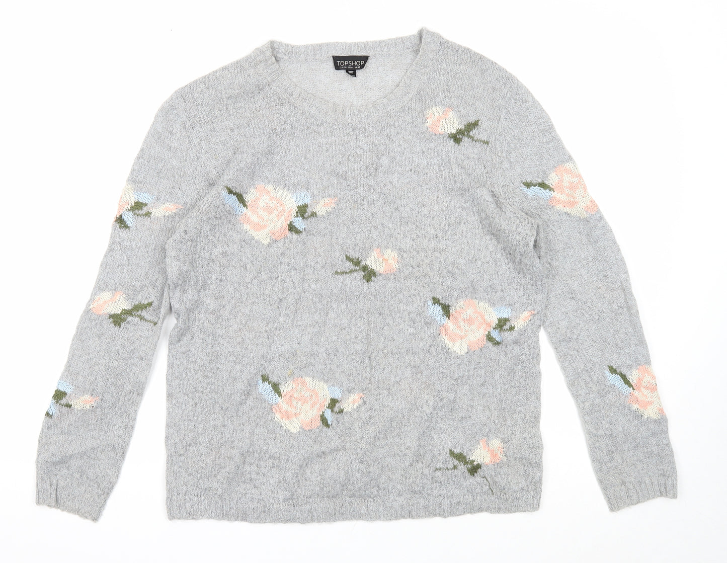 Topshop Womens Grey Scoop Neck Floral Acrylic Pullover Jumper Size 10