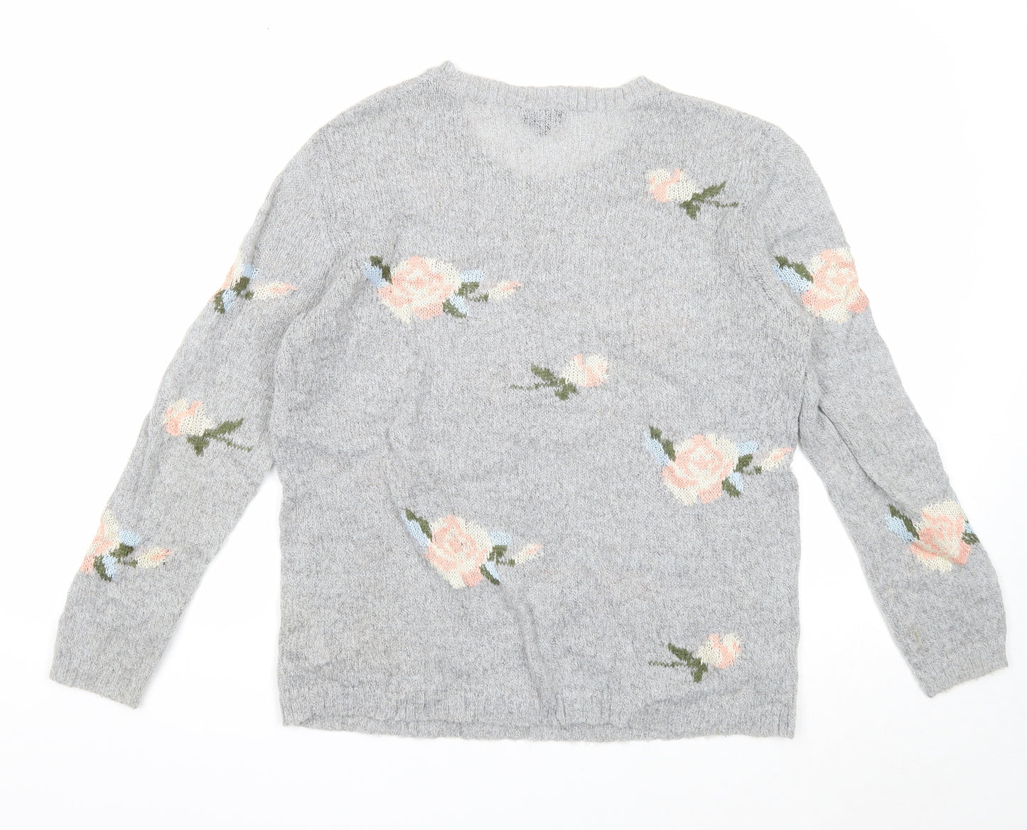 Topshop Womens Grey Scoop Neck Floral Acrylic Pullover Jumper Size 10